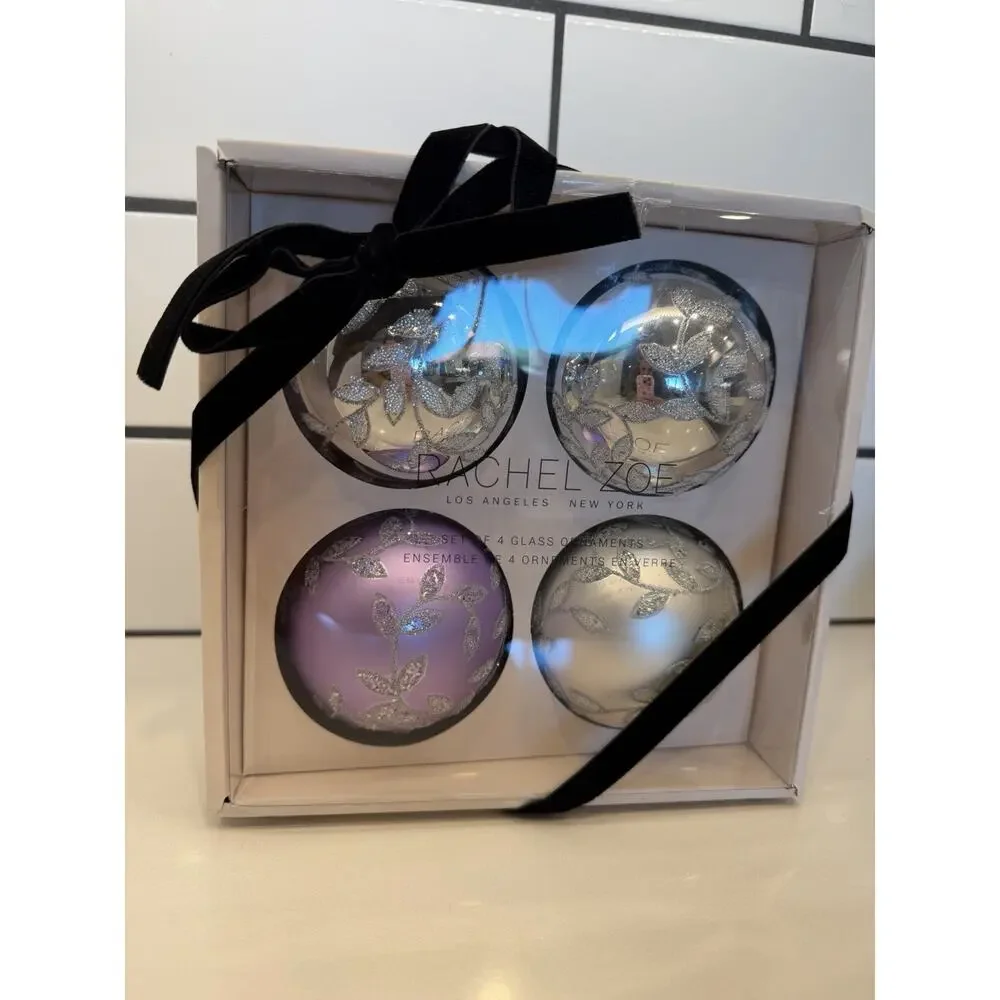 Rachel‎ Zoe Silver Lavender Beaded Round Glass Christmas Ornaments 4 Pc New!!